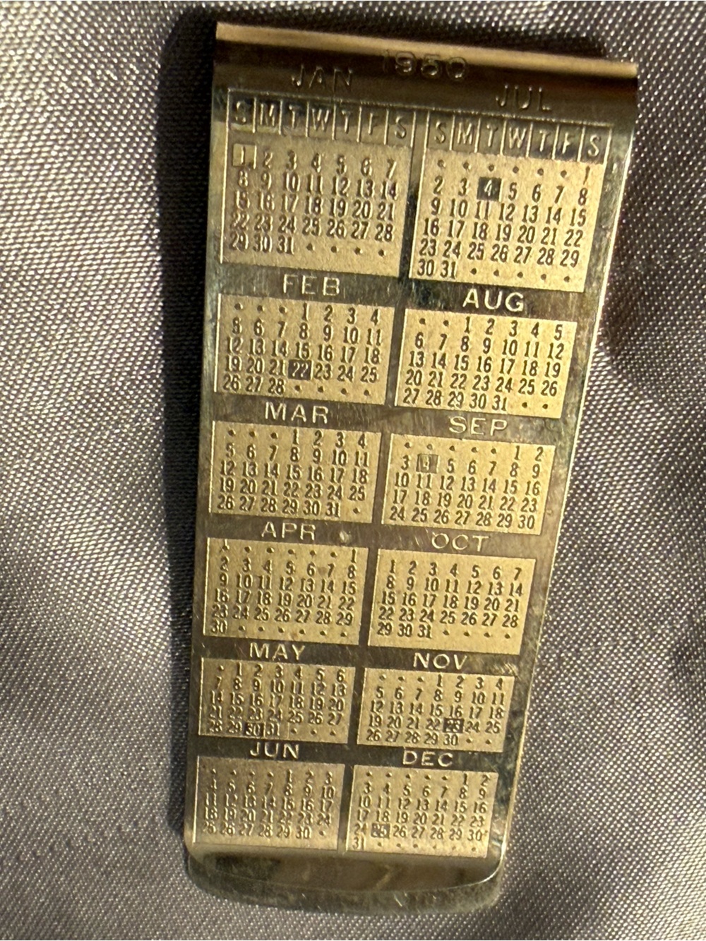 Vintage Money Clip 1950/1951 Perpetual Calendar - Gold Tone